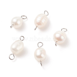 Natural Cultured Freshwater Pearl Beads Connector Charms, with 304 Stainless Steel Double Loops, White, Oval, Stainless Steel Color, 18~18.5x8~9mm, Hole: 2~3mm(PALLOY-JF01551-01)