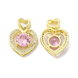 Brass Micro Pave Clear & Pink Cubic Zirconia Pendants, Heart Charm, Real 18K Gold Plated, 17.5x16x5.5mm, Hole: 4.5x3mm(KK-E068-VA122-2)