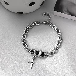 Stainless Steel Charm Bracelets, Double Layered Twine Gem Jewelry for Unisex, Cross, Stainless Steel Color, 7-7/8 inch(20cm)(PW-WG2882D-01)