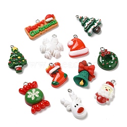 Opaque Resin Pendants, Christmas Charms with Platinum Plated Iron Loops, Santa Claus & Christmas Tree & Wreath, Mixed Shapes, Mixed Color, 15~28x14~30x5.5~8mm, Hole: 1.8~2mm, about 11pcs/bag(RESI-P027-02M)