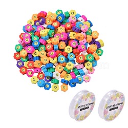 200Pcs Flower with Smile Face Handmade Polymer Clay Beads, with 20m Elastic Crystal Thread, for DIY Children's Day Stretch Bracelets Making Kits, Mixed Color, 9.5~10mm, Hole: 1.2mm(DIY-SZ0002-06)