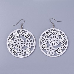 Wood Dangle Earrings, with Platinum Tone Iron Earring Hooks, Flat Round with Flower, White, 70mm, Pendants: 49.5x2~2.5mm, Pin: 0.5mm(X-EJEW-L219-G01)