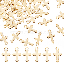100Pcs 304 Stainless Steel Tiny Cross Charms, Real 18K Gold Plated, 12x7x0.8mm, Hole: 1.2mm(STAS-BBC0002-71)