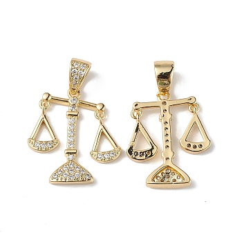 Rack Plating Brass Micro Pave Cubic Zirconia Pendants, Lead Free & Cadmium Free, Long-Lasting Plated, Libra Charm, Moving Scales Charm, Real 18K Gold Plated, 24x19x3.5mm, Hole: 4.5x6mm