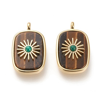 Natural Tiger Eye & Synthetic Malachite Pendants, with Real 18K Gold Plated Brass Findings, Long-lasting Plated, Rectangle with Sun, 27x16.8x6mm, Hole: 3mm