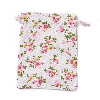 Burlap Packing Pouches, Drawstring Bags, Rectangle with Flower Pattern, Colorful, 17.7~18x13.1~13.3cm