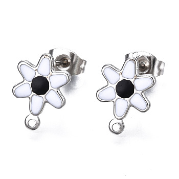 304 Stainless Steel Enamel Stud Earring Findings, with Loop and Ear Nuts/Earring Backs, Flower, White, 12.5x9mm, Hole: 1mm, Pin: 0.8mm