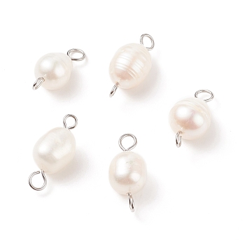 Natural Cultured Freshwater Pearl Beads Connector Charms, with 304 Stainless Steel Double Loops, White, Oval, Stainless Steel Color, 18~18.5x8~9mm, Hole: 2~3mm