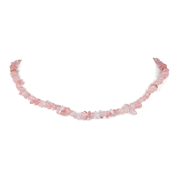 Synthetic Cherry Quartz Glass Chip Beaded Necklace, Stainless Steel Color, 15.94~15.98 inch(40.5~40.6cm)