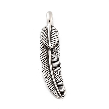 Retro 304 Stainless Steel Big Pendants, Feather Charm, Antique Silver, 80x18.5x9.5mm, Hole: 5x9mm