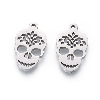 201 Stainless Steel Pendants, Manual Polishing, Sugar Skull, For Mexico Holiday Day of the Dead, Stainless Steel Color, 17x10.5x1.5mm, Hole: 1.2mm
