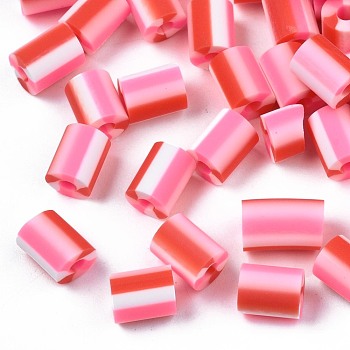 Handmade Polymer Clay Beads,  3 Tone, Column, Deep Pink, 5x2.5~6.5mm, Hole: 1.8mm