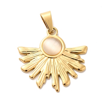 Resin Imitation Cat Eye Pendants, Ion Plating(IP) Golden Plated 304 Stainless Steel Fan Charms, Antique White, 25x26x4mm, Hole: 7.5x3.5mm
