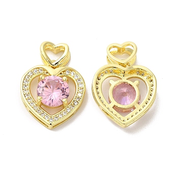 Brass Micro Pave Clear & Pink Cubic Zirconia Pendants, Heart Charm, Real 18K Gold Plated, 17.5x16x5.5mm, Hole: 4.5x3mm