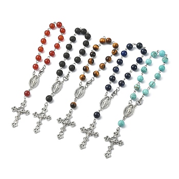 5Pcs 5 Style Natural Mixed Gemstone Rosary Bead Bracelets Set, Alloy Cross & Virgin Mary Charm Bracelets for Women, 7-5/8 inch(19.5cm), 1Pc/style