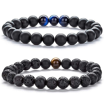 2Pcs 2 Style Natural Tiger Eye & Lava Rock & Synthetic Black Stone Round Beaded Stretch Bracelets Set