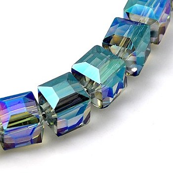 Electorplated Glass Beads, Rainbow Plated, Faceted, Cube, Medium Turquoise, 9x9x9mm, Hole: 1mm