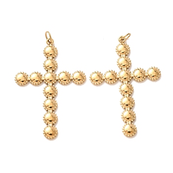 304 Stainless Steel Pendants, Cross with Beaded Edge Charms, Golden, 33x22x2mm, Hole: 3mm