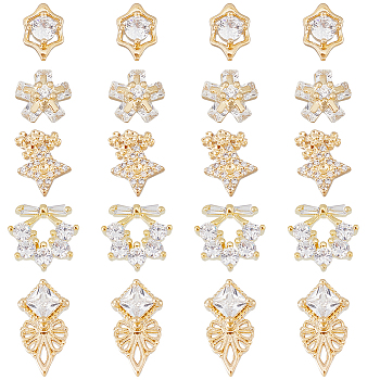 20Pcs 5 Style Brass Micro Pave Clear Cubic Zirconia Cabochons, Mixed Shape, Real 18K Gold Plated, 8.5~14x6.5~10.5x2~5mm, 4pcs/style