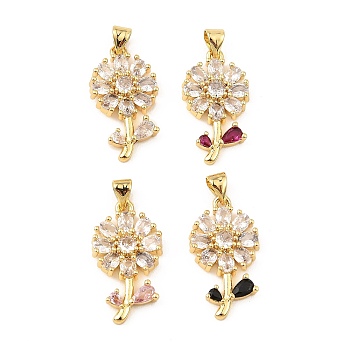 Real 18K Gold Rack Plating Brass Micro Pave Cubic Zirconia Pendants, Long-Lasting Plated, Cadmium Free & Lead Free, Flower Charms, Mixed Color, 24.5x13.5x3.5mm, Hole: 3.5x4.5mm