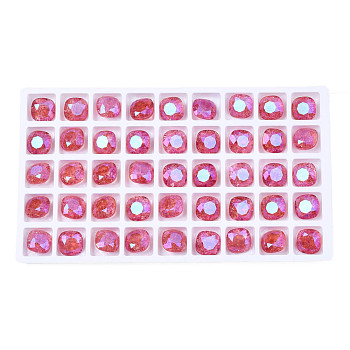 Glass Rhinestone Cabochons, Nail Art Decoration Accessories, Faceted, Square, Cerise, 10x10x5mm