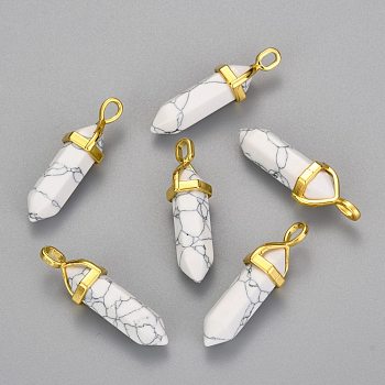 Synthetic Howlite Double Terminated Pointed Pendants, with Random Alloy Pendant Hexagon Bead Cap Bails, Bullet, Golden, 37~40x12.5x10mm, Hole: 3x4.5mm