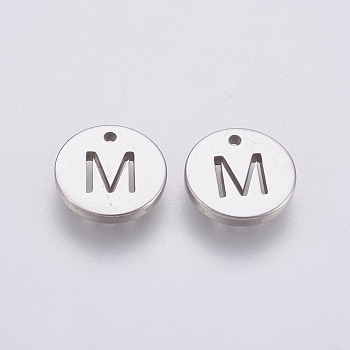 Non-Tarnish 304 Stainless Steel Charms, Flat Round with Letter, Stainless Steel Color, Letter.M, 10x1mm, Hole: 1mm