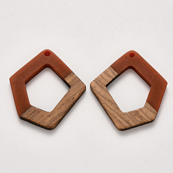 Resin & Walnut Wood Pendants, Waxed, Polygon, Brown, 35.5x32.5x3~4mm, Hole: 2mm