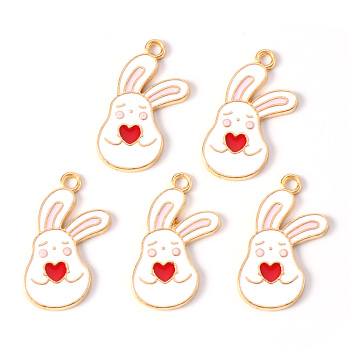Alloy Enamel Pendants, Light Gold, Cadmium Free & Lead Free, Rabbit with Heart, Red, 25x15x1mm, Hole: 1.8mm