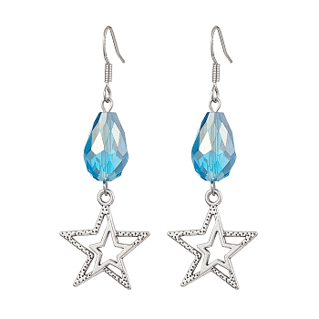 Alloy Star Dangle Earrings, Brass Glass Teardrop Earrings for Women, Platinum, 58x20.5mm