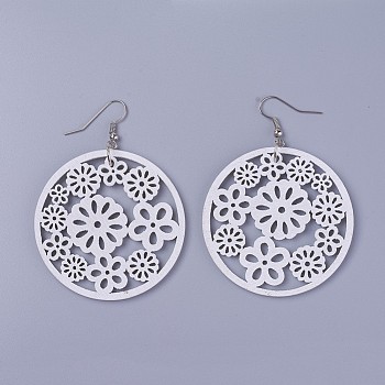 Wood Dangle Earrings, with Platinum Tone Iron Earring Hooks, Flat Round with Flower, White, 70mm, Pendants: 49.5x2~2.5mm, Pin: 0.5mm