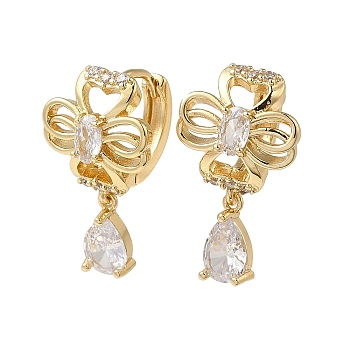 Brass Micro Pave Cubic Zirconia Dangle Earring, with Glass, Light Gold, 23x13mm