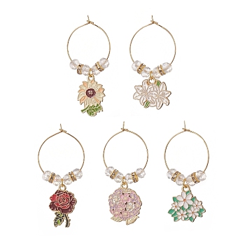 5Pcs Flower Alloy Enamel Pendants Wine Glass Charms Sets, with Brass Hoop Earrings Findings, Electroplate Glass Beads, Golden, 50~53mm