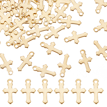 100Pcs 304 Stainless Steel Tiny Cross Charms, Real 18K Gold Plated, 12x7x0.8mm, Hole: 1.2mm