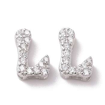 925 Sterling Silver Micro Pave Cubic Zirconia Beads, Real Platinum Plated, Letter L, 9x6x3.5mm, Hole: 2.5x1.5mm