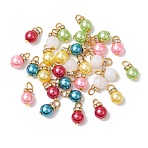30Pcs 6 Colors ABS Plastic Imitation Pearl Pendants, with Iron Rhinestone Spacer Beads and Iron Pins, Round Charms, Mixed Color, 14x8mm, Hole: 3.5x4mm, 5pcs/color(PALLOY-JF03299)