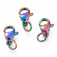 Ion Plating(IP) 304 Stainless Steel Lobster Claw Clasps, With Jump Ring, Rainbow Color, 10x7x3mm, Hole: 3.2mm, Jump Ring: 5x0.6mm(STAS-G240-01B-C)