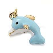 Dolphin Rack Plating Brass Enamel Pendants, with Jump Ring, Long-Lasting Plated, Cadmium Free & Lead Free, Real 18K Gold Plated, Sky Blue, 20x16x11mm, Hole: 3.8mm(X-KK-Q804-09G)