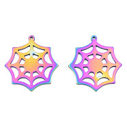 Ion Plating(IP) 201 Stainless Steel Pendants, Halloween Style, Spider Web, Rainbow Color, 28x25.5x1mm, Hole: 1.4mm(STAS-N098-084M)