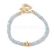 4mm Round Natural Aquamarine Beaded Bracelets, Flower Brass Bracelets for Women, Real 14K Gold Plated, 7-3/8 inch(18.7cm)(BJEW-P318-03G-02)