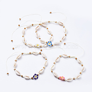 Adjustable Nylon Thread Braided Bead Necklaces, with Cowrie Shell Beads, Wood Beads and Polymer Clay 3D Flower Plumeria Beads, Mixed Color, 13.7~25.1 inch(35~64cm)(NJEW-JN02794-M)