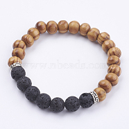 Natural Lava Rock Stretch Bracelets, with Wood Beads and Alloy Beads, Burlap Bags, 2-1/8 inch(54mm)(BJEW-JB03635-01)