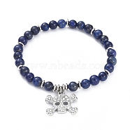 Natural Lapis Lazuli(Dyed) Stretch Charm Bracelets, with Platinum Plated Brass Spacer Beads and Alloy Rhinestone Pendants, Skull, 1-7/8 inch(4.7cm)(BJEW-JB04931-01)