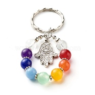 Keychain, Tibetan Style Alloy Pendants and Natural Mixed Stone, Iron Findings and Tiger Tail Wire, Round & Hamsa Hand, Colorful, 7.8cm(KEYC-JKC00266)