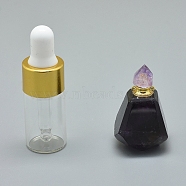 Faceted Natural Amethyst Openable Perfume Bottle Pendants, with Brass Findings and Glass Essential Oil Bottles, 33~37x18~22mm, Hole: 0.8mm, Glass Bottle Capacity: 3ml(0.101 fl. oz), Gemstone Capacity: 1ml(0.03 fl. oz)(G-E556-11E)