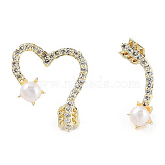 Clear Cubic Zirconia Arrow & Heart Asymmetrical Earrings with Natural Pearl Beaded, Brass Stud Earrings with 925 Sterling Silver Pins for Women, Real 14K Gold Plated, Heart: 15.5x14.5x3mm, Arrow: 17x6.5x4mm, Pin: 0.8mm(EJEW-T019-06G)