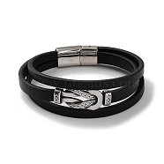 Men's Black PU Leather Cord Multi-Strand Bracelets, Knot 304 Stainless Steel Link Bracelets with Magnetic Clasps, Antique Silver, 8-5/8 inch(22cm)(BJEW-K243-01AS)