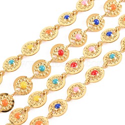 Ion Plating(IP) 304 Stainless Steel Flat Round with Flower Link Chains, with Enamel, Real 18K Gold Plated, Soldered, Colorful, 8.5x6x2mm, about 3.28 Feet(1m)/Strand(STAS-N092-125)