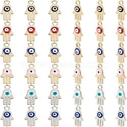 SUPERFINDINGS Alloy Charms, with Enamel, Religion, Hamsa Hand/Hand of Fatima /Hand of Miriam with Evil Eye, Mixed Color, 14.5x8x2.5mm, Hole: 1.8mm, 6 colors, 20pcs/color, 120pcs(ENAM-FH0001-03LG)