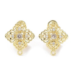 Hollow Rhombus Brass Micro Pave Cubic Zirconia Stud Earrings Finding, with Horizontal Loops, Cadmium Free & Lead Free, Real 18K Gold Plated, 19.5x17mm, Hole: 1.4mm, Pin: 0.8mm(KK-E083-10G)